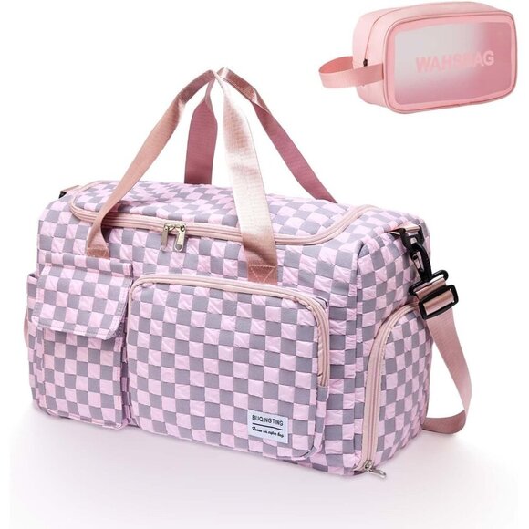 Handbags - Women Pink Checkered Small Gym Carry On Weekender Travel Shoe Compartment Bag